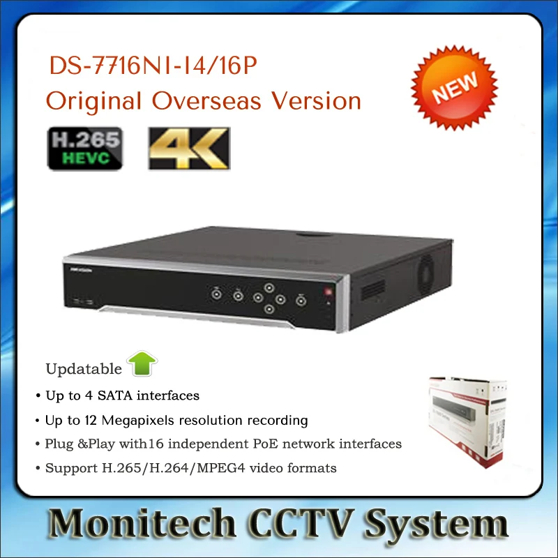 Original Updateable HIK 16CH NVR DS-7716NI-I4/16P with 4 SATA and 16 POE 4K HDMI Output Support H.265 12MP NVR Dual OS Support