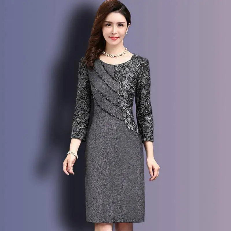 

M-5XL Women Sexy Dress 2019 autumn Elegant Winter Sleeve Knee Length Vintage Ol Work Wear Bodycon Lace Crochet Dresses Female
