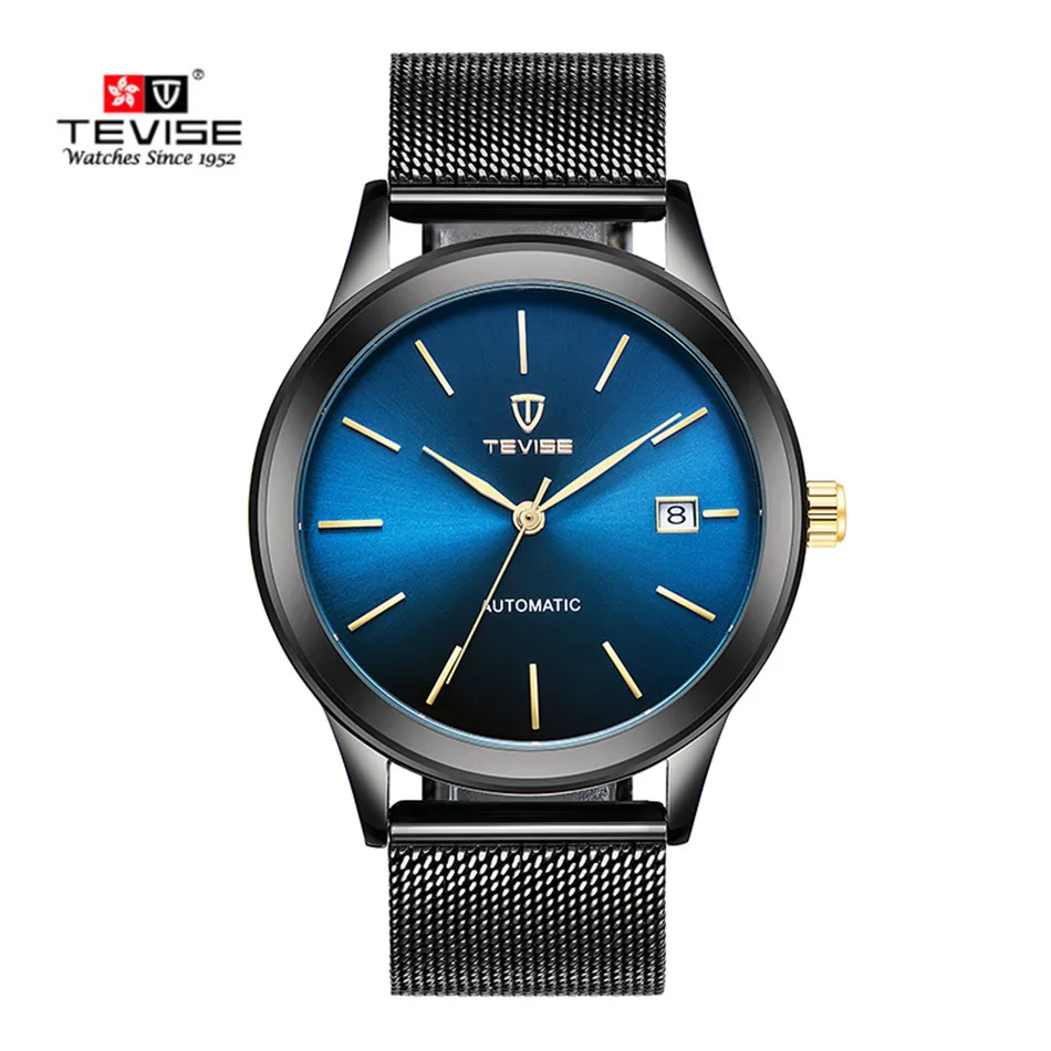 TEVISE черный синий механические часы для мужчин сетка сталь Автоматические часы Полный Золотой роскошный водонепроницаемый ударопрочный Дата наручные часы для мужчин s - Цвет: Black Blue