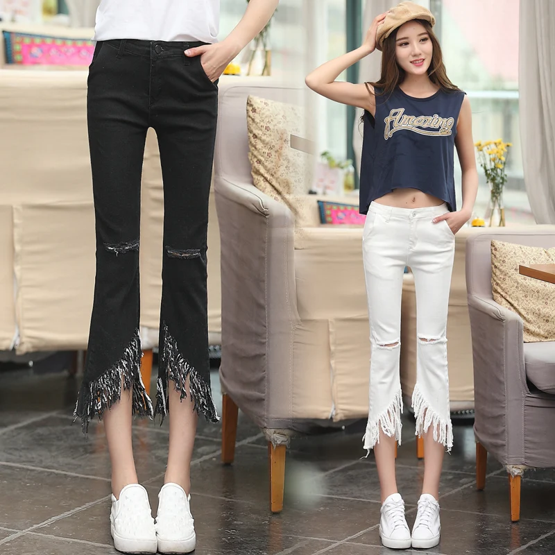 

2017 autumn women jeans solid pockets cotton denim bell bottoms streetwear high waist fringe cropped pants