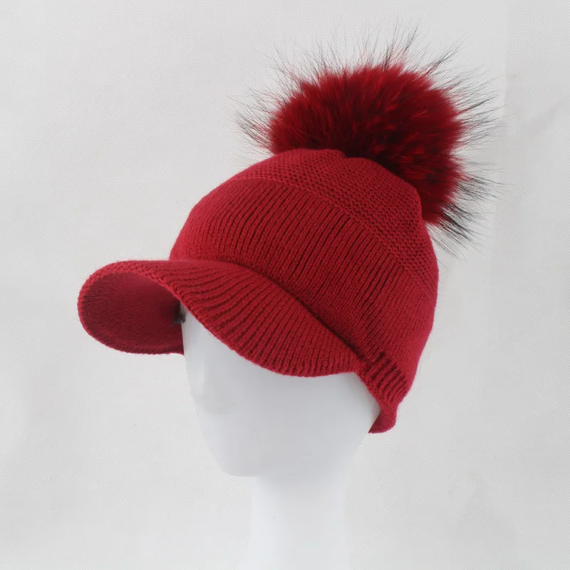 New Real Fur Pom pom Cap For Women Spring Autumn Baseball Cap With