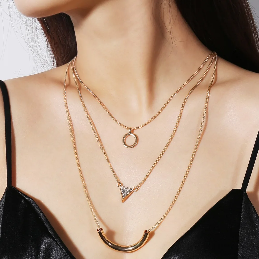 

European Triangle Pendant Multi-layers Necklaces for Women Rhinestone Carved Retro Geometric Element Neck Jewelry NT133