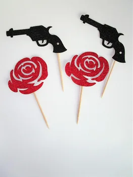 

glitter Guns or Roses birthday Gender Reveal cupcake toppers baby shower baptism doughnut food treats picks party toothpicks