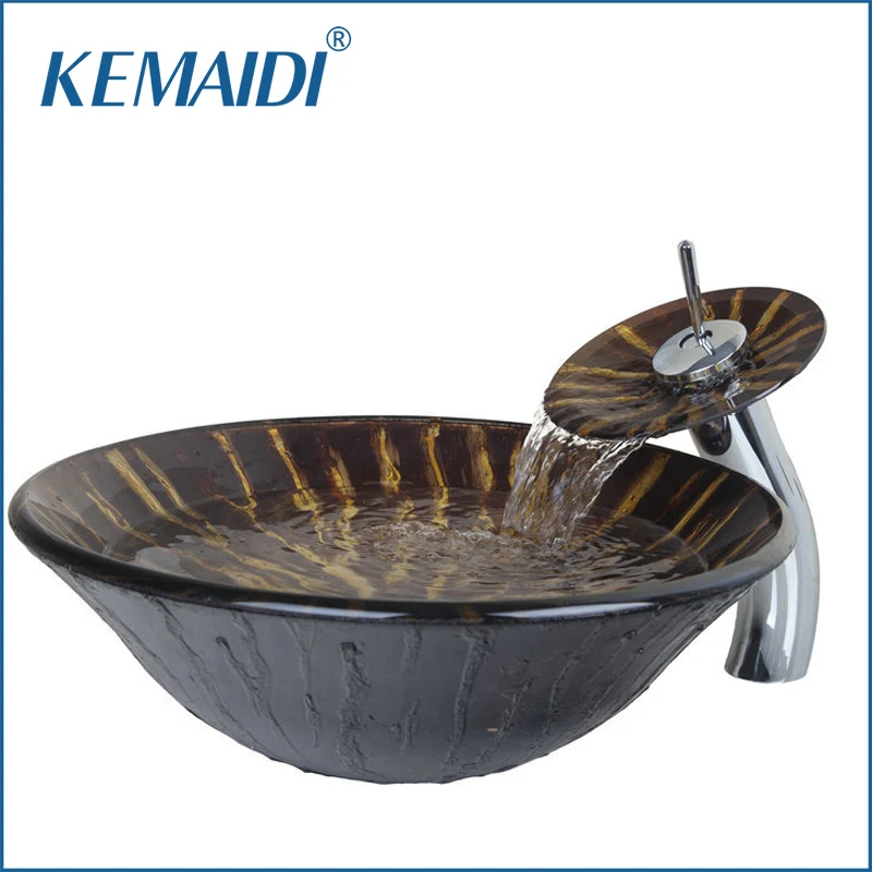 Kemaidi Round Bathroom Sink Set Brown Tempered Glass Bathroom Sink And