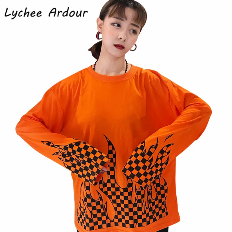 Lychee Ardour клетчатая Футболка с принтом пламени женская футболка длинным рукавом и
