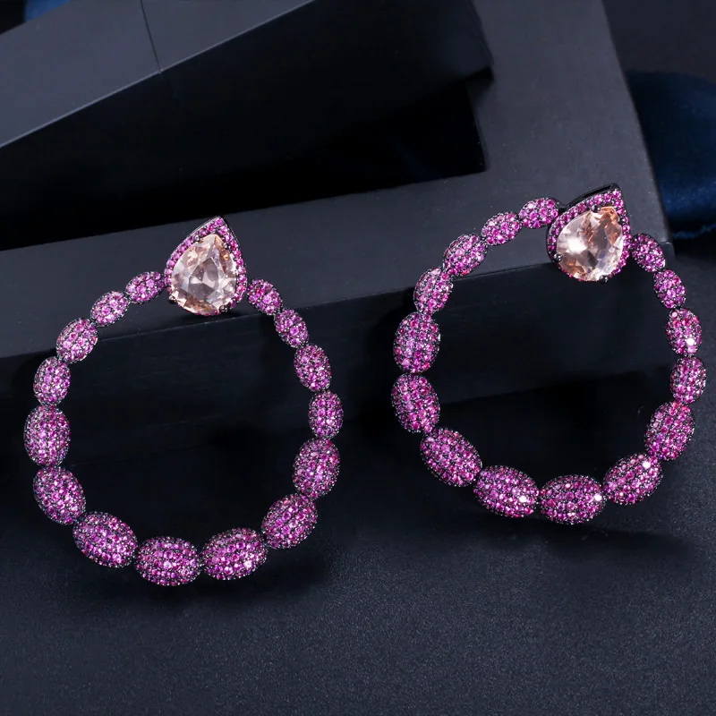 CWWZircons микро проложить ярко-розовый кубический цирконий камень Черное золото большие круглые Висячие серьги для женщин брендовые ювелирные изделия CZ563