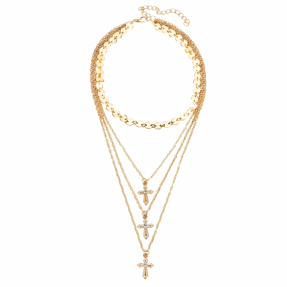 

Religious Jewelry Multilayer Cross crystal Pendant Necklace for Women Vintage Gold Silver Charms Coin Necklace Collar Jewelry
