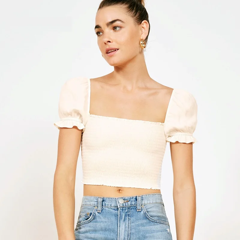 Vintage Front Chiffon Blouses Puff Sleeve V Neck Women's