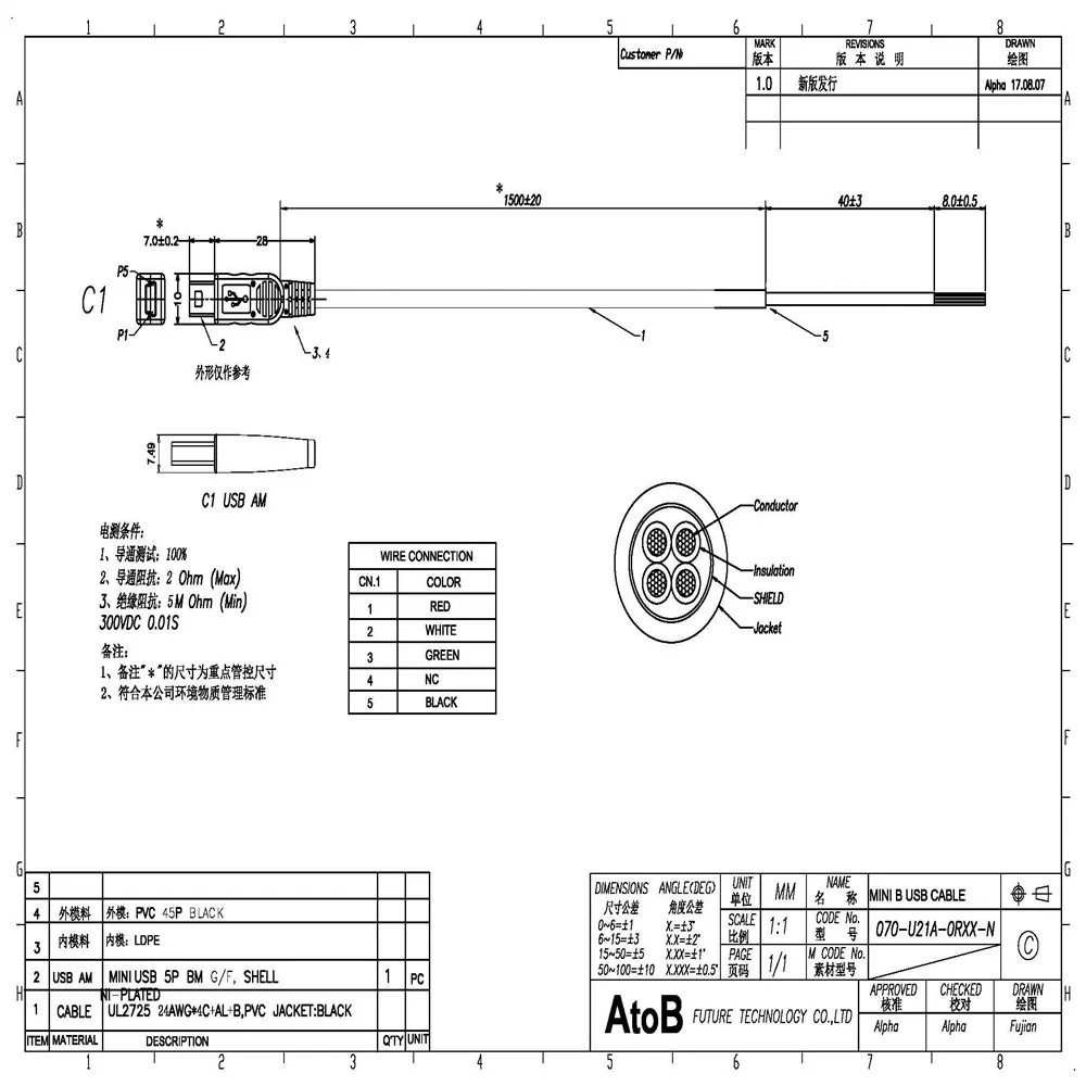 AtoB Mini USB Cable 5pin To Open 1 5M No Tube Needed 5 No Welding At 