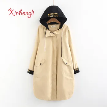 

Plus size women Embroidery hooded long trench 2019 spring NEW casual ladies pockets drop shoulder coats female cotton Canvas
