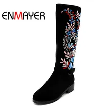 ENMAYER/зимние сапоги до колена обувь на молнии с круглым носком женские сапоги из натуральной кожи на плоской подошве, большие размеры 34-43, женская обувь из флока