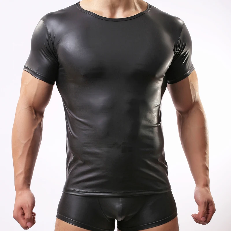 Мужские эластичные кожаные футболки с принтом, мужские сексуальные топы для фитнеса, футболки для геев, Мужская сцена с круглым вырезом, Сексуальная мужская повседневная одежда