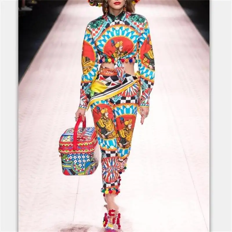 

Runway Designer Set 2019 High Quality Spring Summer Women Suits Long Sleeve Printed Shirt +Pants Two -piece Sets NP0058