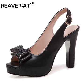 

REAVE CAT woman Platform slingbacks High heels Women Peep toe pumps Bowtie Buckle thick heel Party dress shoes big size 43 A1824