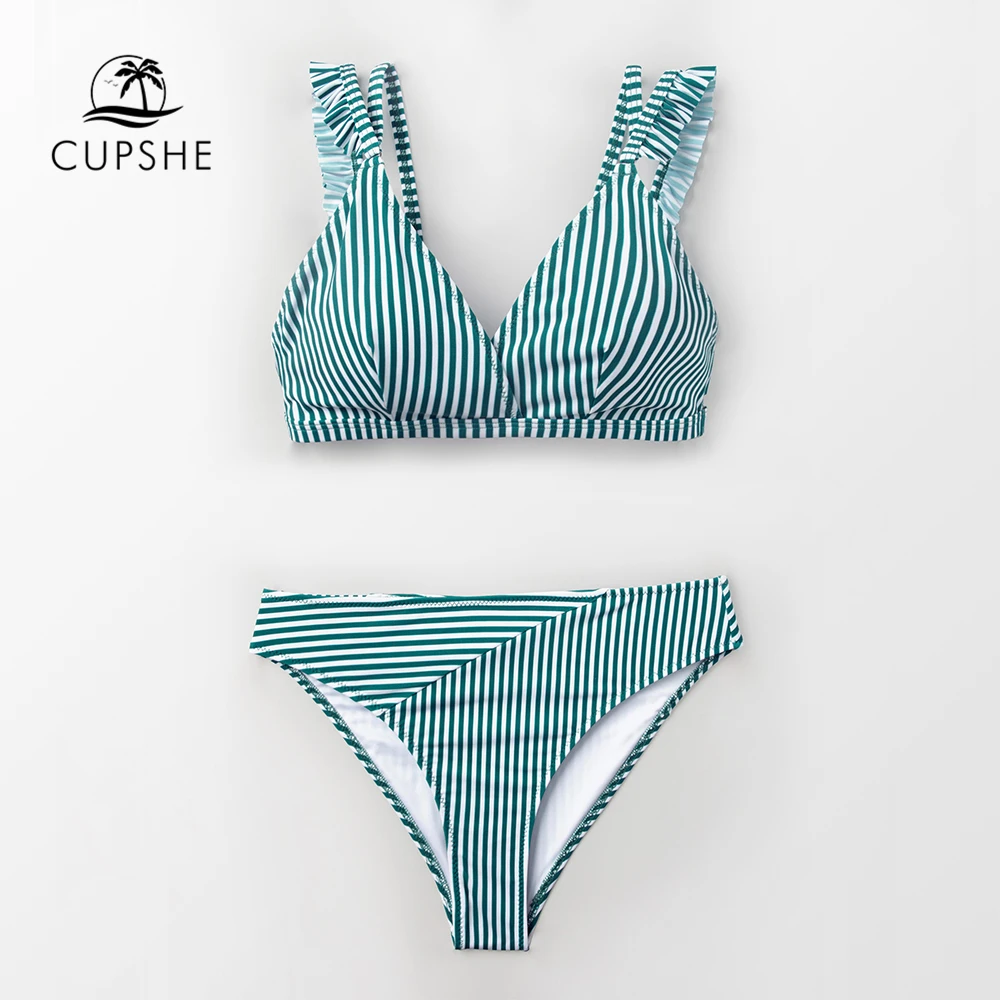 Billige CUPSHE Cyan Und Weiß Streifen Doppel Straps Rüschen Bikini Sets Frauen Süße Zwei Stück Badeanzüge 2020 Mädchen Strand Badeanzüge