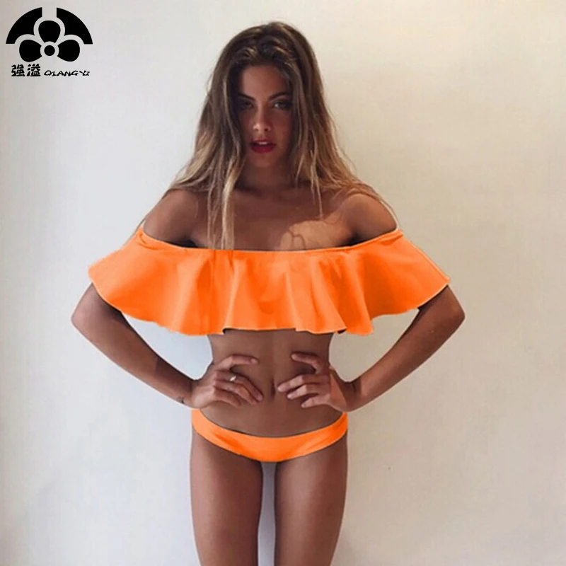 

QIANG YI Flounces Strapless Sexy Bikinis Set Bandeau Swimsuit Women Swimwear Off Shoulder Bathing Suit Beach 2018 Summer Styles