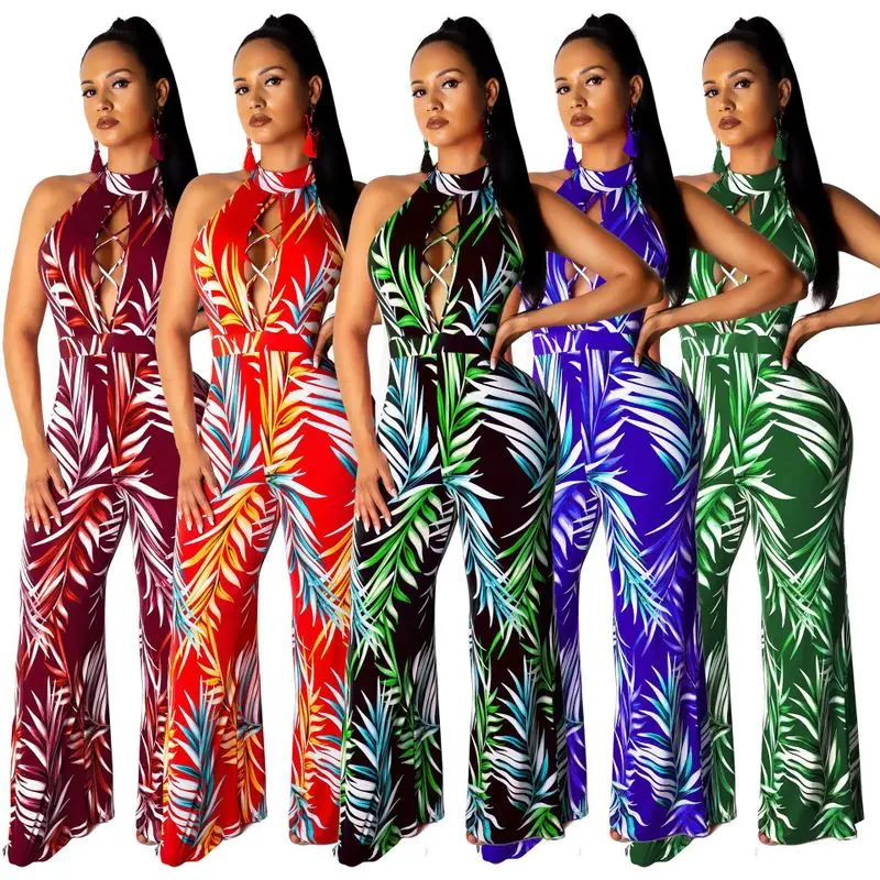 

sexy neck print wide legged pants multi color multi