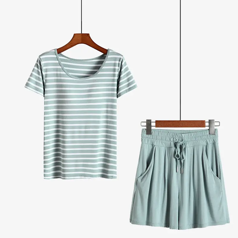 Style 3 Хлопковые пижамы комплект Для женщин Сексапильный полосатый пижамный комплект с бюстгальтером, майка, футболка и шорты, 2 шт./компл. домашняя одежда для сна свободные Размеры спортивный костюм Топ Мода - Цвет: Style 3