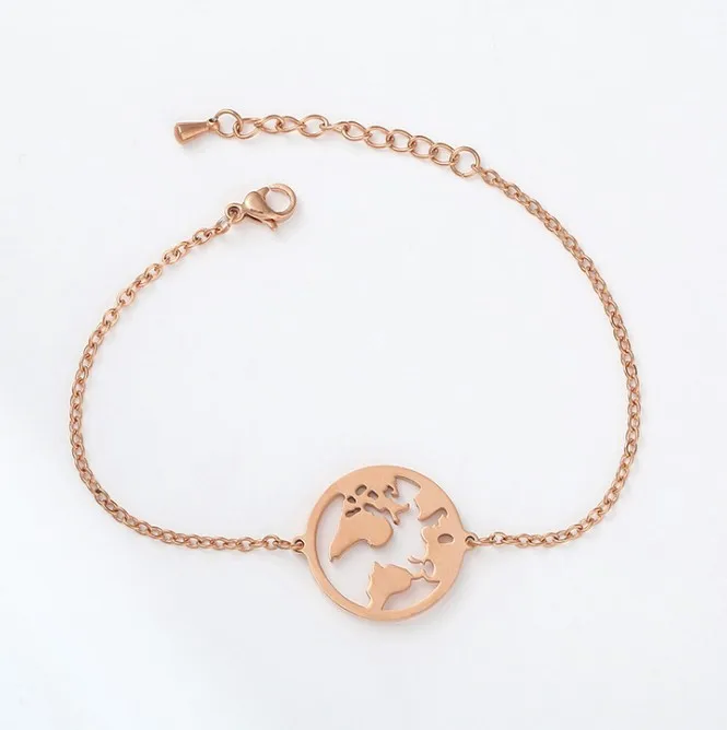 

2019 Vintage Stainless Steel World Map Bracelet Link Chain Bangles Globe Round Charm Travel Wanderlust Earth Day Jewellery Gift
