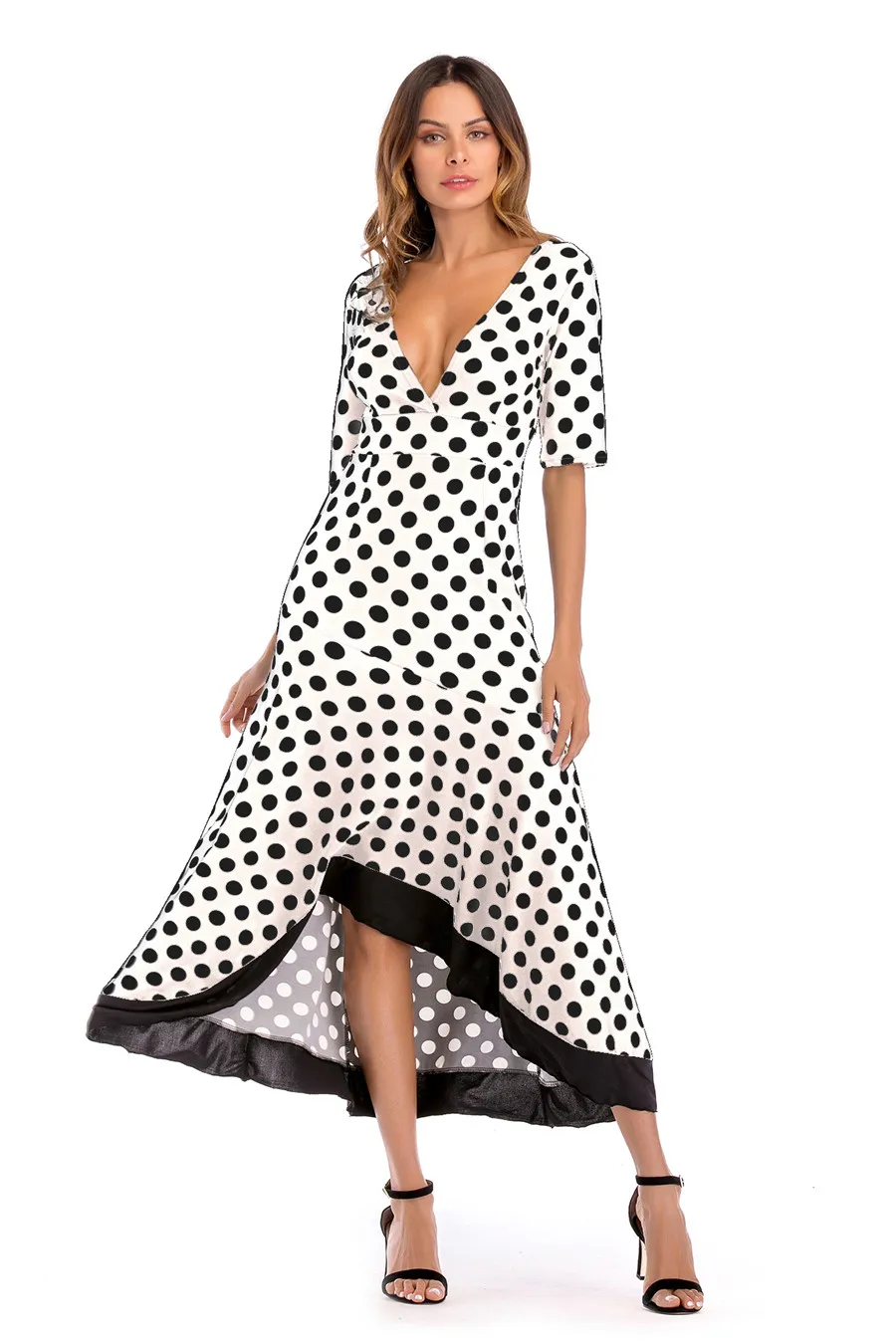 Gladiolus New Autumn Women Long Dress Half Sleeve Deep V-Neck Sexy Backless Polka Dot Ruffles Hem Maxi Dress Robe Femme Ete 2018 (16)