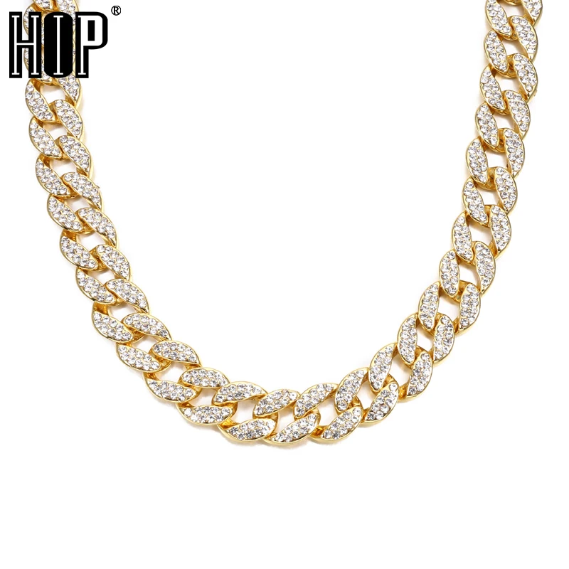 

Golden Miami Cuban Chain Necklace 30inches Iced Out Rhinestones CZ Pave Bling Rapper Flat Chain Necklaces Mens Hip Hop Jewelry