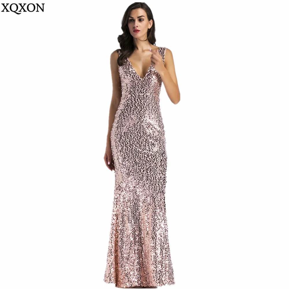 

2019 Sexy women Gold Sequins Dress woman Christmas Backless Floor length Long Luxury club Party Dresses Maxi Vestido De Festa XL