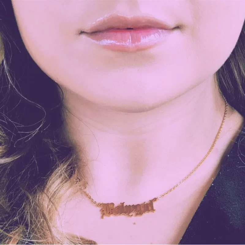 

Personalized Old English Nameplate Necklaces Gold Color Choker Stainless Steel Customized Custom Font Necklace For Women Men
