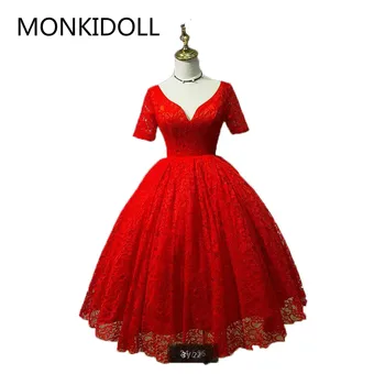 

Vestido De Noiva New arrival red lace ball gown wedding dress half Sleeve real picture deep v neck sexy wedding gowns