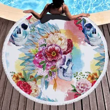 Magic Skull Printed Large Round Beach Towel Microfiber with Tassel Boho Beach Cover Thick Microfiber Blankets Serviette De Plage skull flower tassel round beach towel