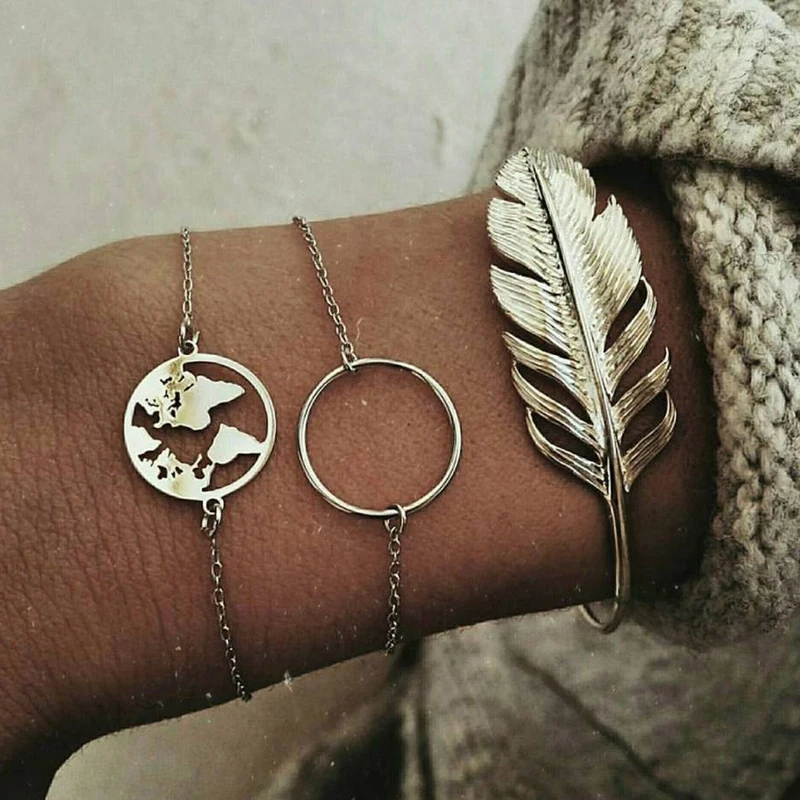 

Tocona 3pcs/set Bohemian Metal Silver Bracelet Leaf Ring Map Shape Chain Geometric Bracelets Bangle Set For Women Jewelry 4785