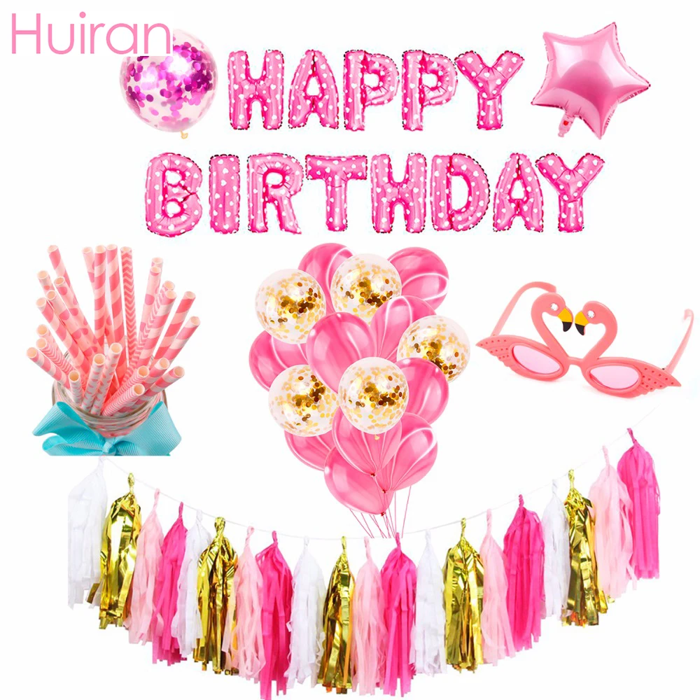 

HUIRAN Pink Happy Birthday Party Decor Birthday Banner 1st Birthday Confetti Balloons It's a Girl Baby Shower Party Supplies