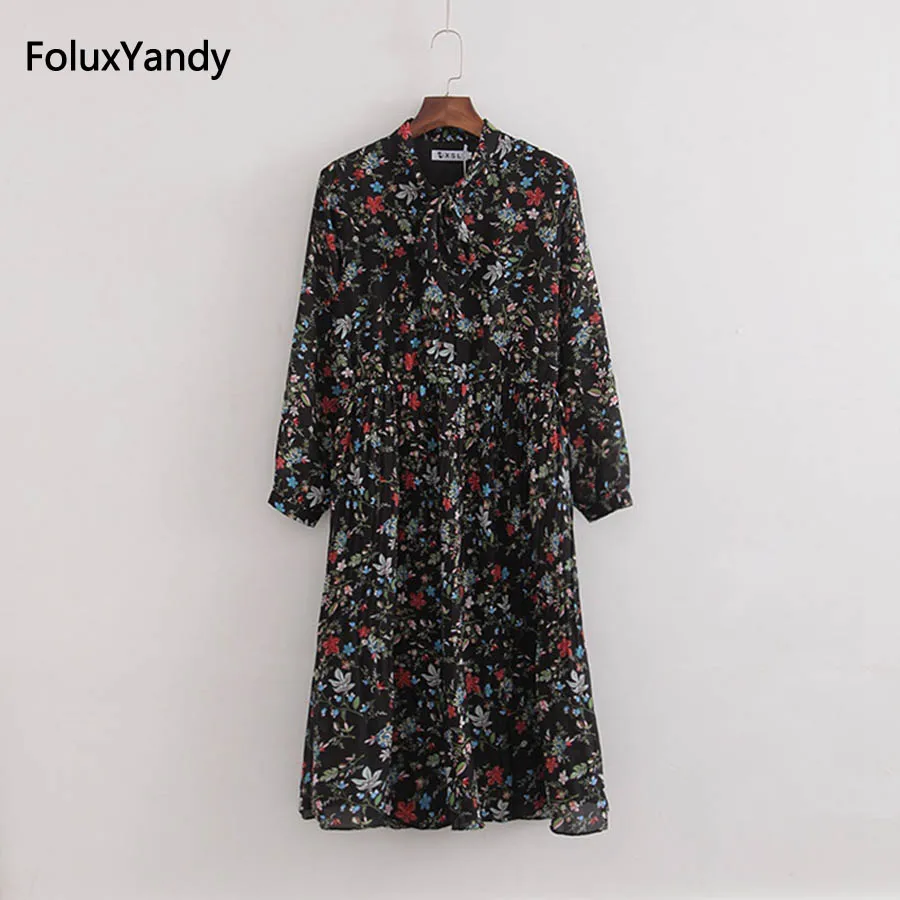 

Mid-Calf Chiffon Summer Dress Women Plus Size 3 4 XL Bow V-neck Flower Prairie Chic Dress Vestidos KKFY1691
