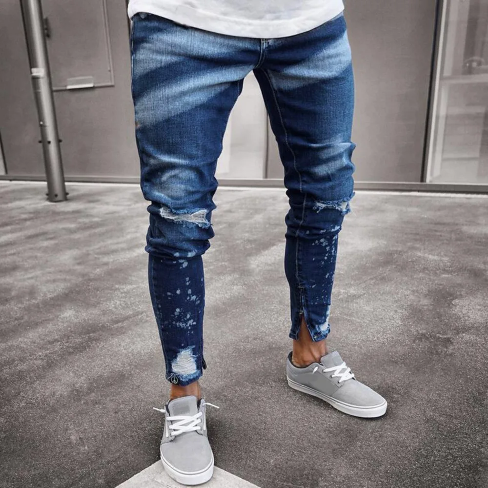 Spring Autumn Shredded Jeans Men's New Paint Zipper Personality Slim Bottom Jeans Fashion Hollow Jeans Casual Pencil Pants