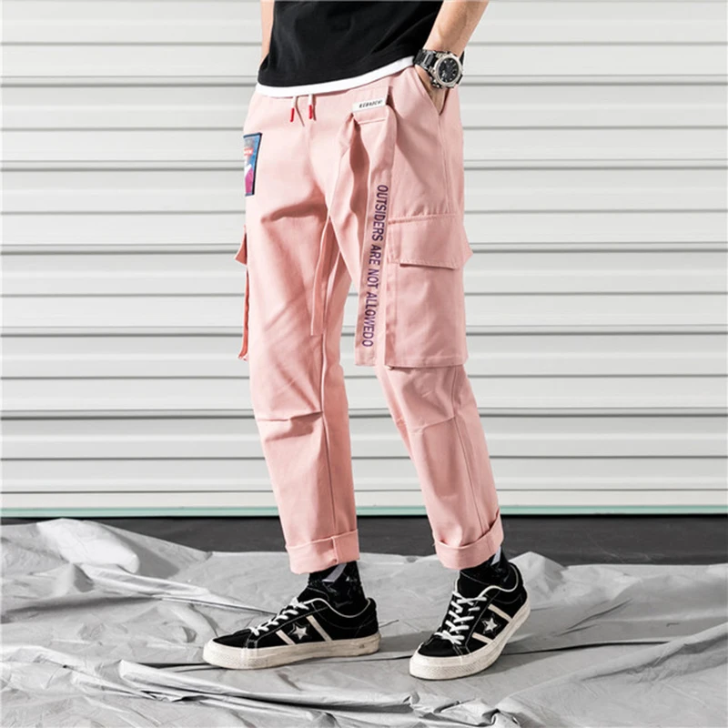 Мужские джоггеры хип-хоп шаровары уличные повседневные мужские брюки модные летние брюки розовые брюки карго мужские с боковыми карманами
