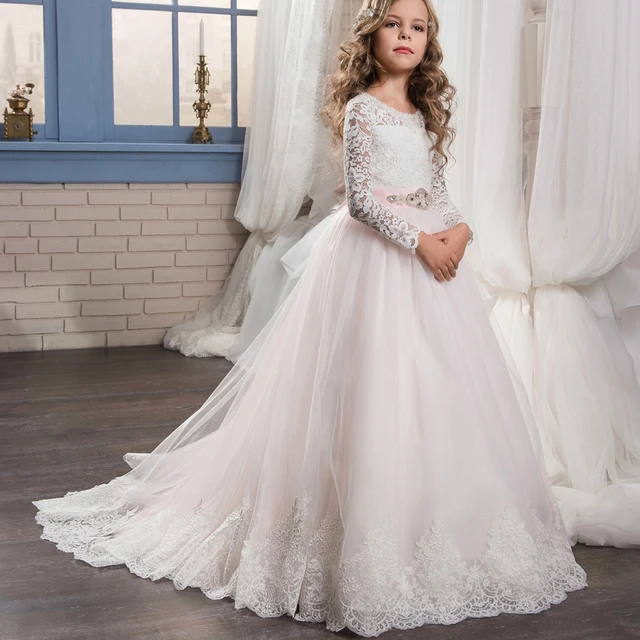 Best price at $110 Cheap Pageant Dresses for Girls Glitz Lace Ball Gown O-neck Long Sleeves Flower Girl First Communion Gowns Vestidos Longo New Arrival