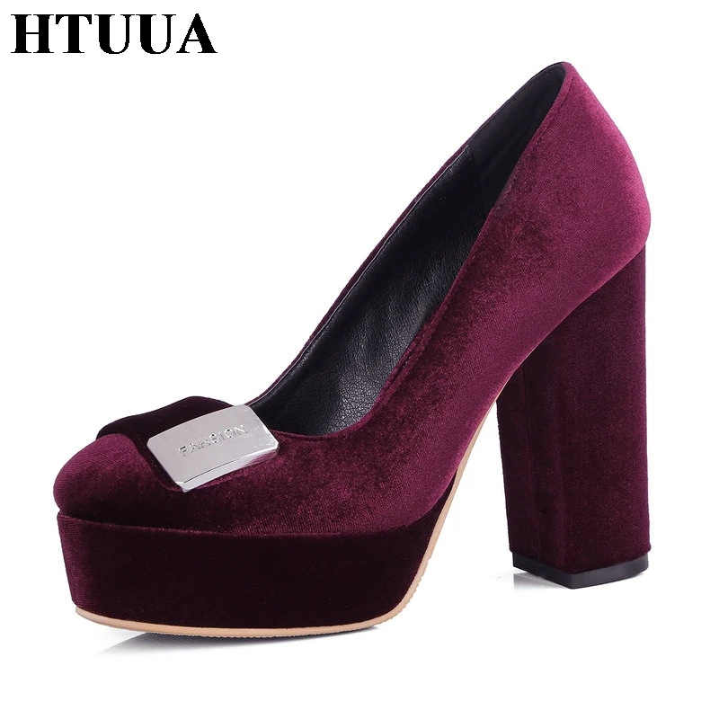 

HTUUA 2018 NEW Fashion High Heels Women Pumps Shallow Ladies Platform Shoes Round Toe Square Heels Wedding Shoes 33-42 SX783