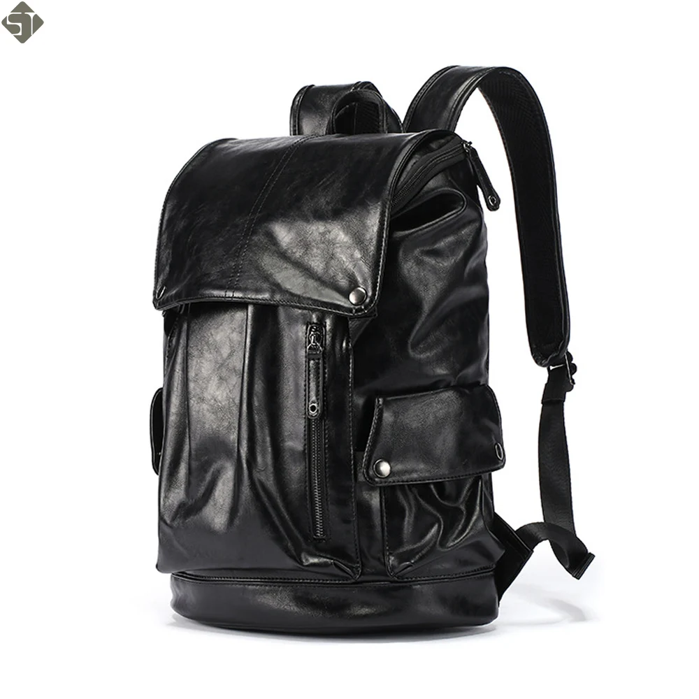 FUSHAN High Capacity Large Mens Travel Backpack Bag Black Leather Man Backpack For Trip Laptop ...