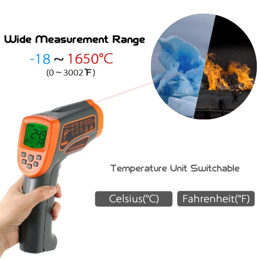 

Thermometer -18 to 1650 Degree Electronic Pyrometer Adjustable Emissivity Digital Non-contact IR Infrared Thermometer