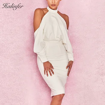 

Halinfer 2018 New summer women dress sexy bodycon halter neck dress elegant celebrity party white dresses vestidos wholesale