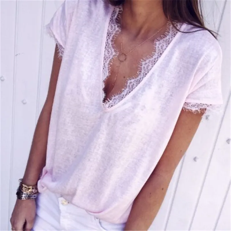 

Fashion Shirt Womens Short Sleeve Deep V-Neck Shirt Casual Lace Loose Comfoetable Cotton Tops T-Shirt White Light Purple