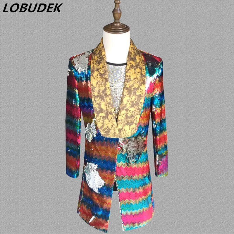 

Men Double-sided Colorful Striped Sequins Blazers Nightclub DJ Singer Concert Outerwear Stage Costume Fashion Sequin Long Coat