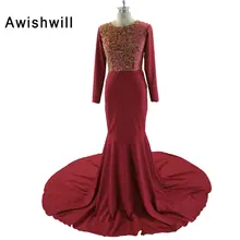 Fashion Burgundy Evening Gowns Full Sleeve Vestido Festa Beadings Chiffon Court Train Women Mermaid Evening Dresses Long 2018