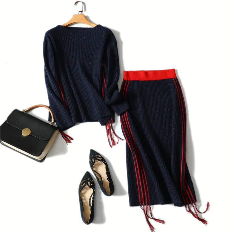 Кашемировый Женский вязаный свободный свитер с круглым вырезом, джемпер с высокой талией, эластичный сексуальный женский вязаный свитер, юбка с кисточками - Цвет: Navy Blue