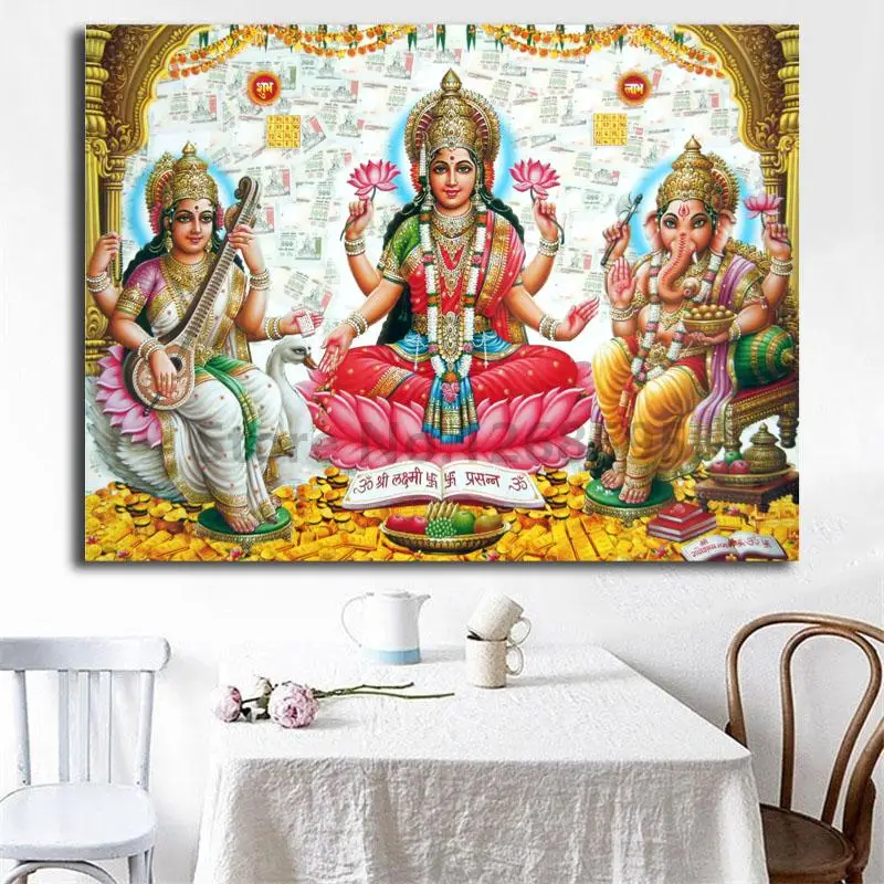 Shri Lakshmi Devi Saraswati Devi Ganesh Картина на холсте Печать гостиной домашний декор Современное украшение на стену, живопись маслом плакат художественное оформление