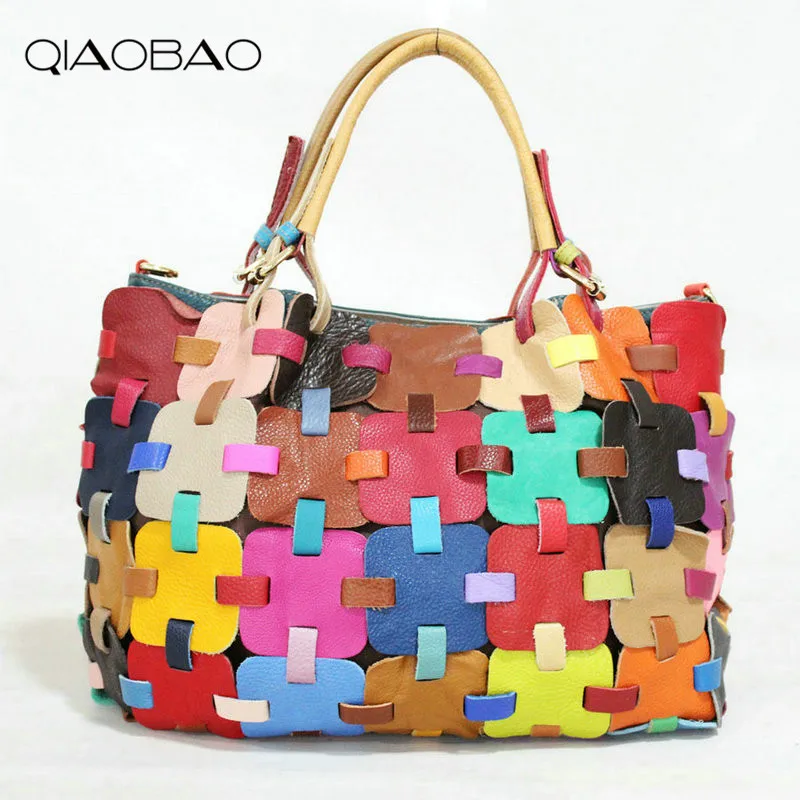 Qiaobao 100 Cowhide Leather Bags Women Colourful Knitting Las Handbags S Soft Genuine Shoulder Bag Ladybag In From