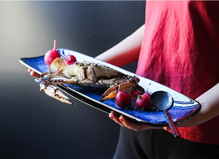ANTOWALL, европейская глазурованная керамическая тарелка, Deep Blue, 20 дюймов, длинная тарелка, тарелка для морской рыбы, блюдо для отеля, ресторана, специальная посуда