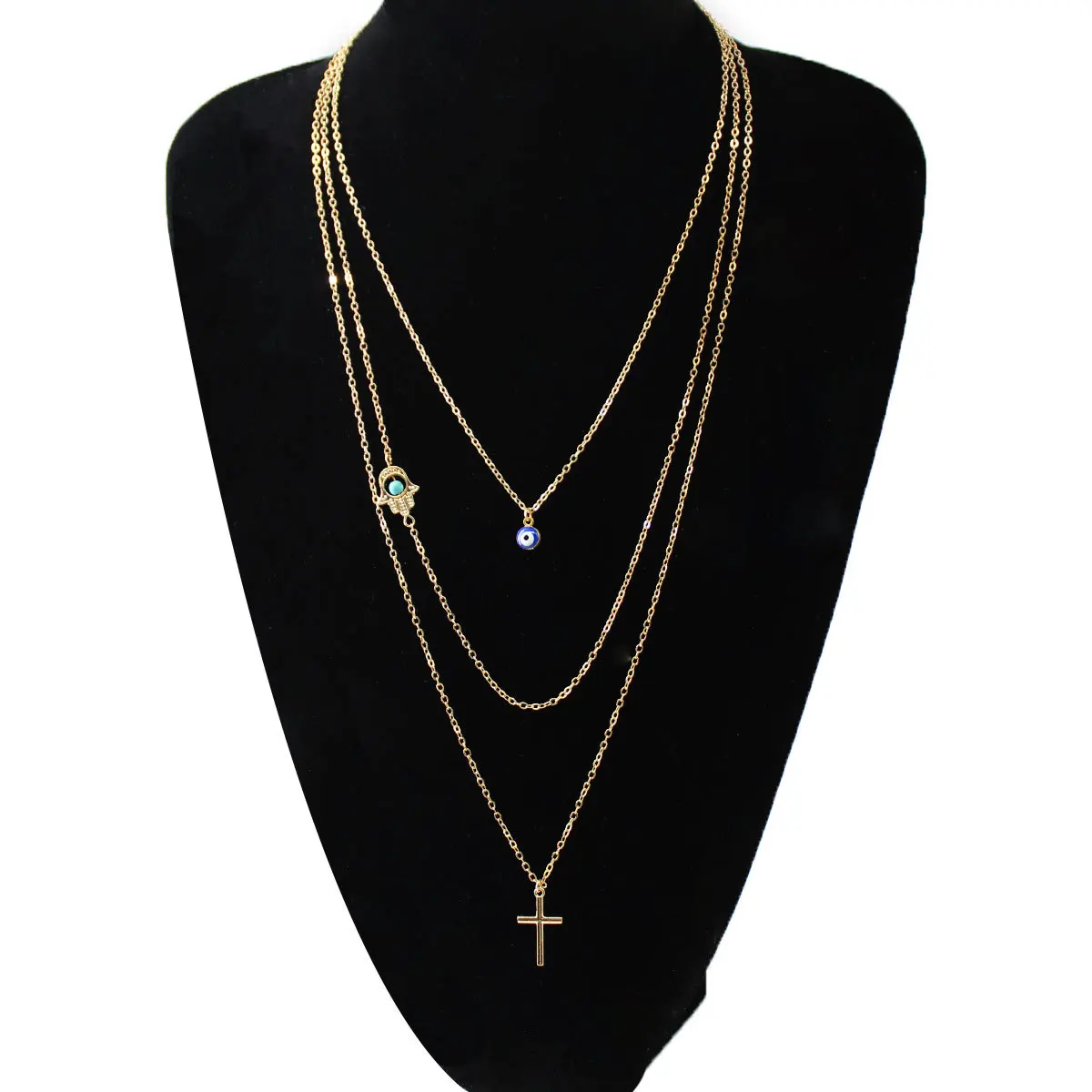 

2019 Creative Cross Pendant Long Chain Necklace Blue Eyes Palm Beads Multilayer Choker Necklace Jewelry