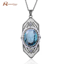 925 стерлингового серебра жемчуг подвеска Цепочки и ожерелья ювелирные изделия Резные Ручной работы синий камень CZ Кристалл Свадебные аксессуары Хамса рук кулон