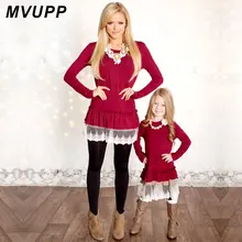 Mommy and Me Fashion Dresses MVUPP mother daughter dresses Lace Patchwork Red Solid long sleeves Family