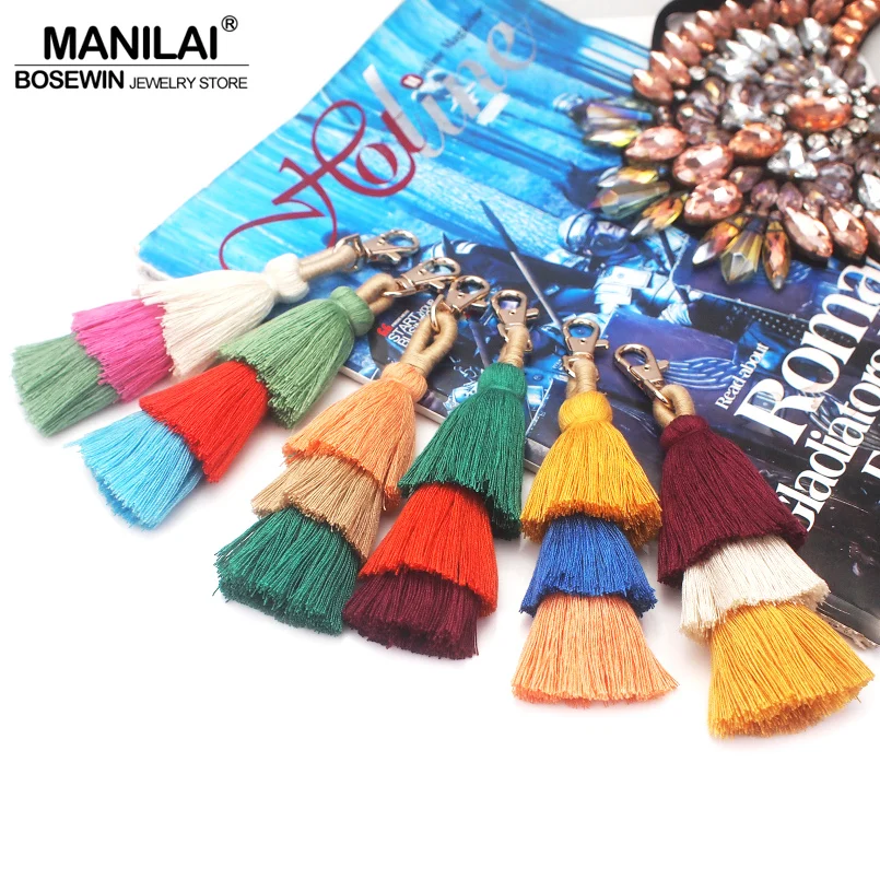 

MANILAI Bohemian 3 Layered Cotton Tassel Keychain Fashion Handmade Charm Women Bag Pendant Multicolor Key Chain Accessories